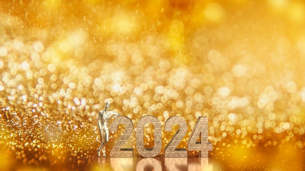 O homem de negócios e o número 2024 na renderização 3d de fundo bokeh de ouro