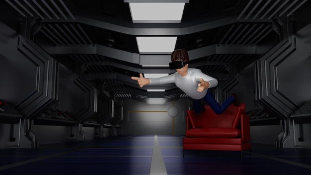 O homem desfruta da realidade virtual com óculos vr e levitação em renderização 3d de nave espacial de ficção científica