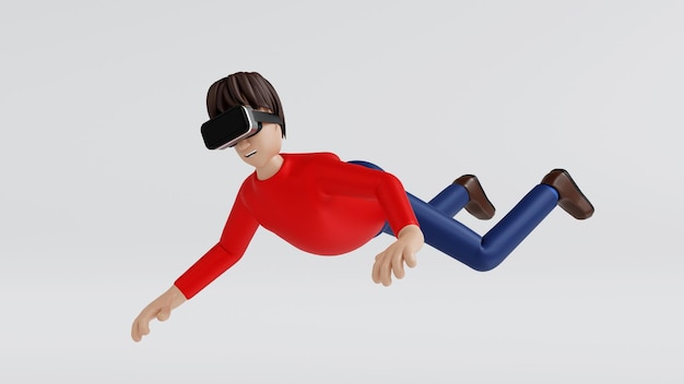 O homem desfruta da realidade virtual com óculos VR e levitação em tecnologia aérea e personagem de desenho animado de renderização 3D