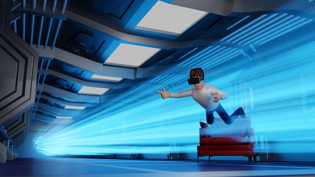 O homem desfruta da realidade virtual com óculos VR e levitação na renderização 3D do jogo de cinema de nave espacial de ficção científica