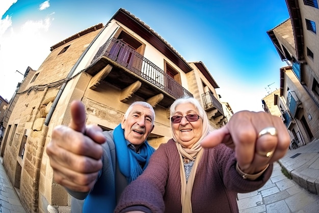 O homem e a mulher idosos estão caminhando juntos sorrindo e brincando generative ai