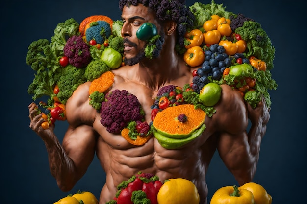 O homem é feito de vegetais e frutas Conceito de estilo de vida vegano Alimentação saudável