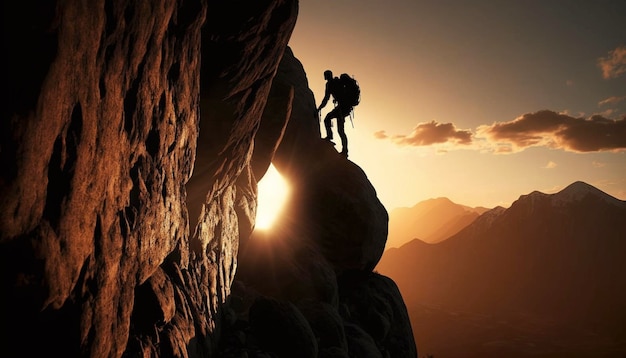 O homem escala o alpinista na parede da rocha no pôr do sol generative AI