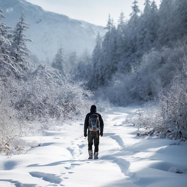 O homem está a caminhar na neve.