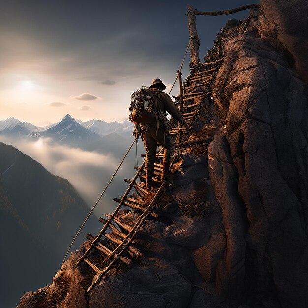 Foto o homem está a escalar a montanha