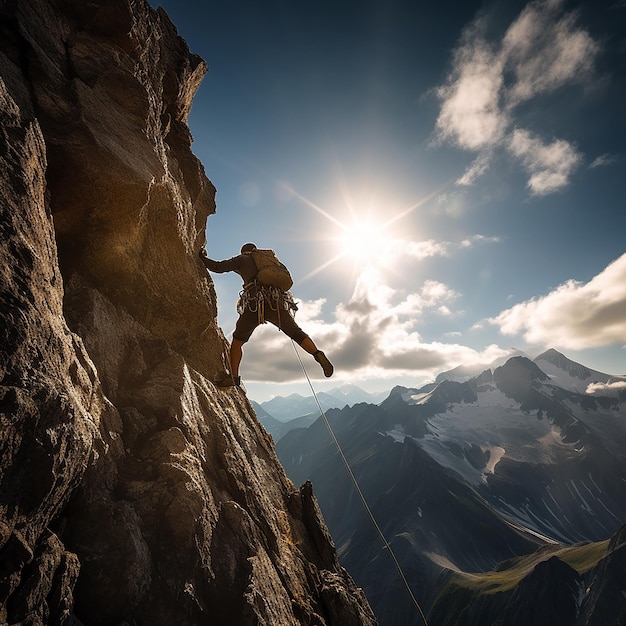 Foto o homem está a escalar a montanha