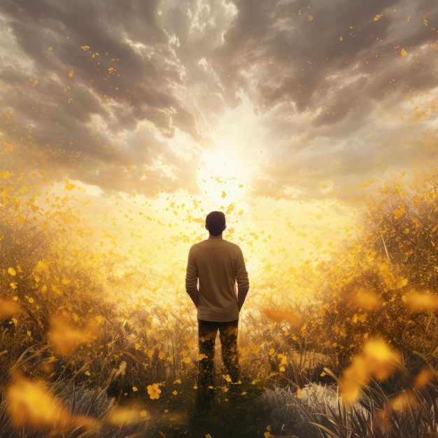 O homem está de pé num campo de flores amarelas