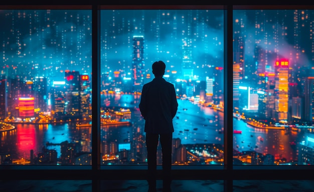 O homem está de pé perto da janela e olhando para a cidade à noite