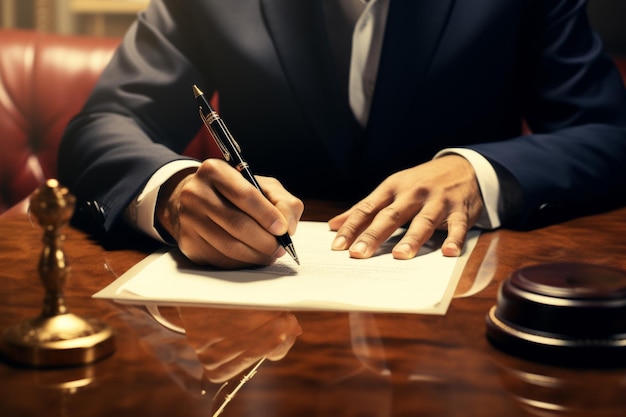 O homem está escrevendo em um pedaço de papel com uma caneta Ele está vestido com terno e gravata e a cena ocorre em uma sala com mesa e cadeira