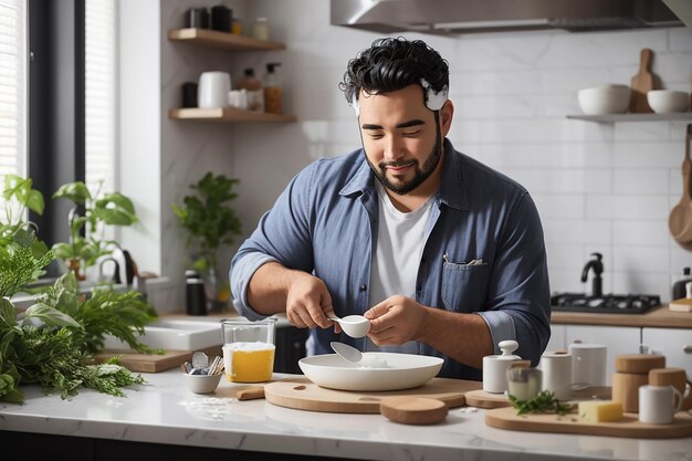 Foto o homem está na cozinha e lava o prato com a colher e o sabão