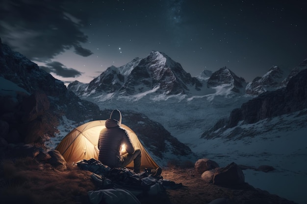 O homem está perto da tenda apreciando a vista das montanhas Paisagem no estilo realismo IA gerada