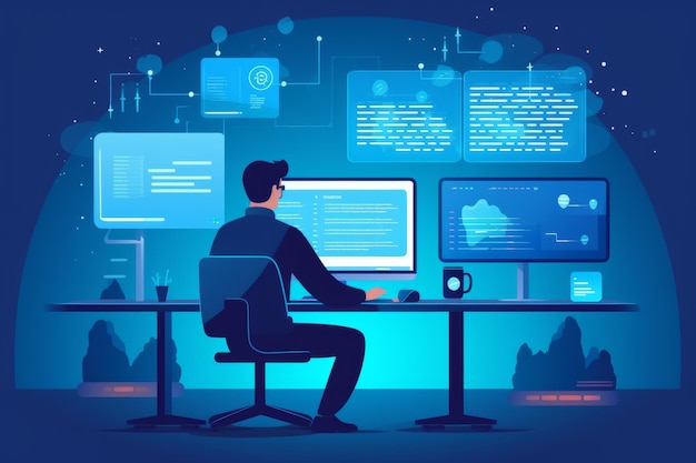 O homem está sentado ao programar e codificar o computador Bela imagem ilustrativa IA generativa