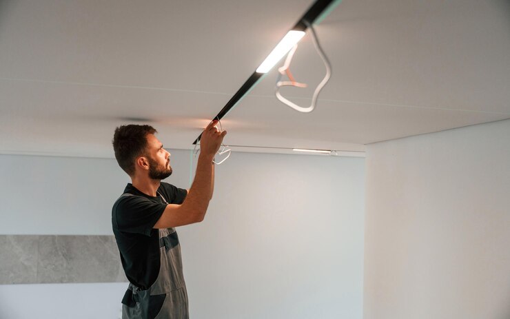 Foto o homem está trabalhando com equipamentos de iluminação dentro de casa em uma sala doméstica