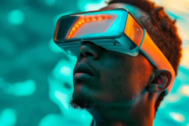 O homem experimenta a tecnologia VR imersiva num ambiente iluminado por neon