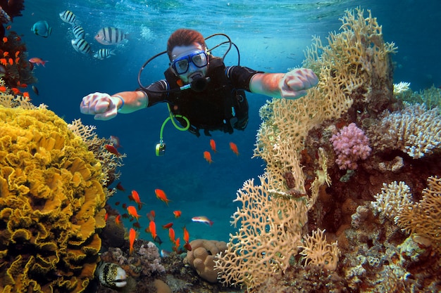 Foto o homem feliz mergulha entre corais e peixes no oceano