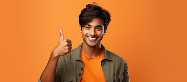 O homem indiano atraente está feliz posando e mostrando um polegar para cima isolado em um pano de fundo laranja para propaganda