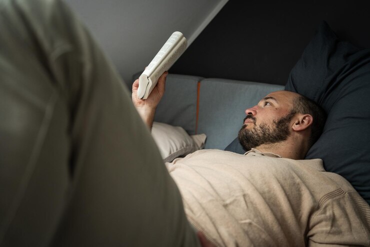 Foto o homem lê um livro de fantasia na cama.