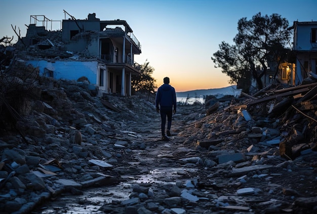 Foto o homem libanês passa pelos escombros da sua casa no estilo dos acontecimentos.