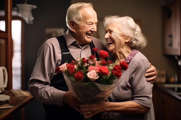 O homem mais velho surpreende a mulher com flores.