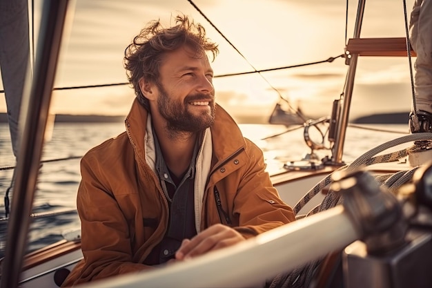 O homem navega habilmente em um veleiro em águas abertas usando seu conhecimento e experiência para guiar a embarcação com segurança em direção ao seu destino IA generativa