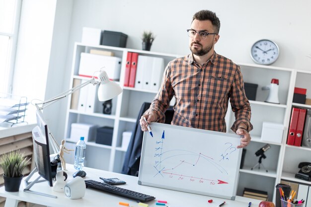 O homem no escritório está de pé perto da mesa e explica a programação desenhada no quadro magnético