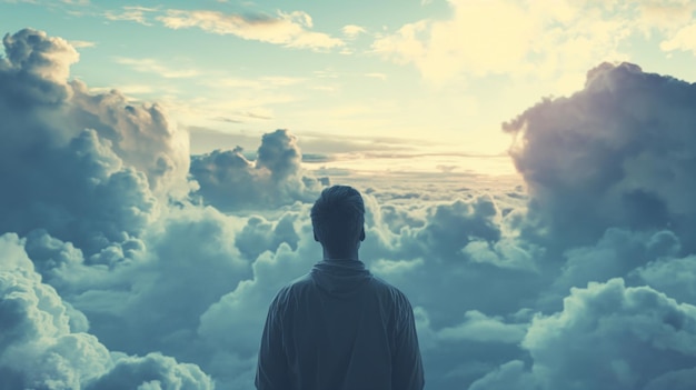 O homem olha para o céu onde as nuvens como algodão se acumulam apresentando um jogo de sombras e luz contra o fundo azul tranquilo Paisagem