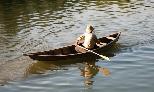 O homem partiu sozinho em seu barco para explorar o rio Criando usando ferramentas generativas de IA