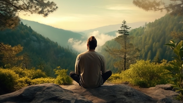 O homem pratica a atenção plena e a meditação num ambiente natural pacífico