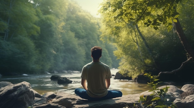 O homem pratica a atenção plena e a meditação num ambiente natural pacífico