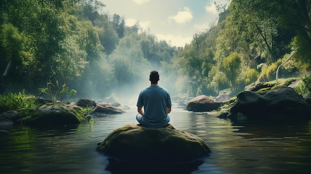 O homem pratica a atenção plena e a meditação num ambiente natural pacífico