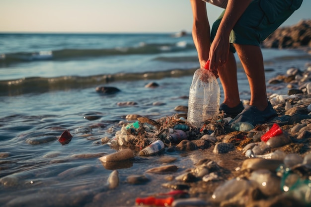 Foto o homem recolhe a poluição do oceano para combater os danos ambientais