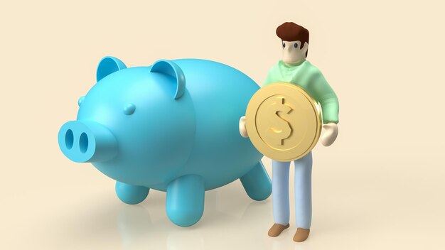Foto o homem segura moeda de ouro e cofrinho para economizar ou conceito de dinheiro renderização em 3d