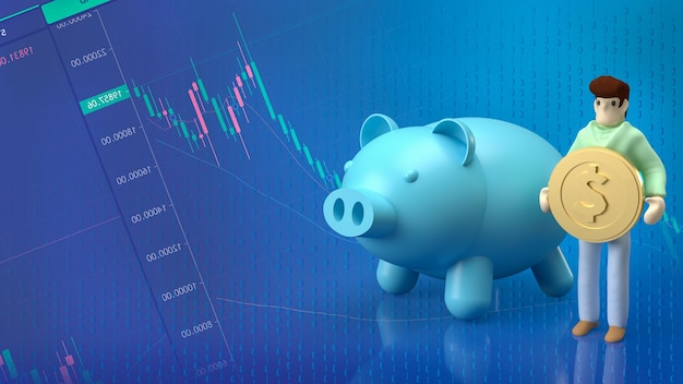 O homem segura moeda de ouro e fundo de gráfico de negócios de cofrinho para economizar ou conceito de dinheiro renderização em 3d