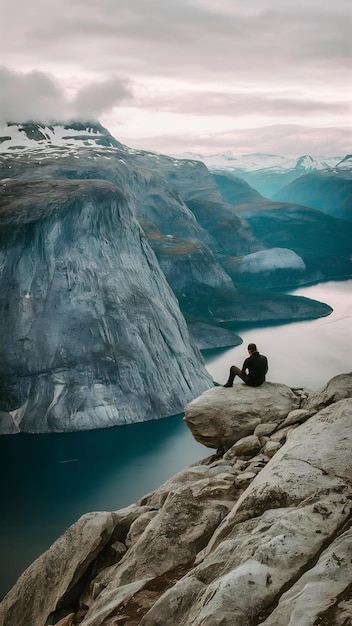 Foto o homem senta-se no fim do trolltunga antes das montanhas