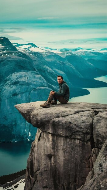 Foto o homem senta-se no fim do trolltunga antes das montanhas