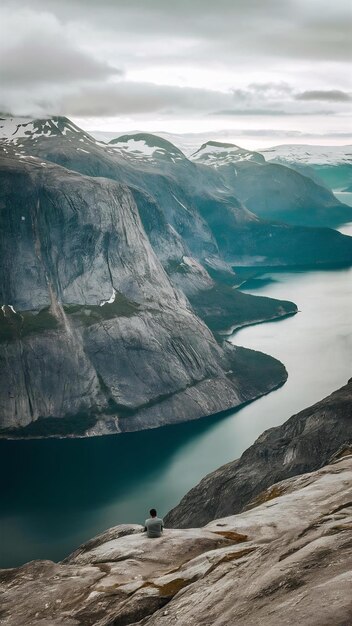 Foto o homem senta-se no fim do trolltunga antes das montanhas