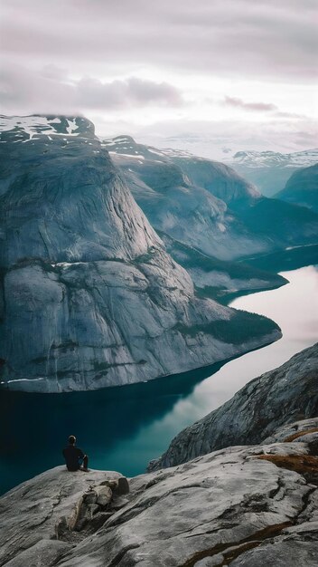 Foto o homem senta-se no fim do trolltunga antes das montanhas