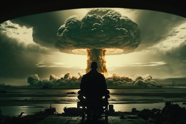 O homem senta-se no fundo de uma explosão nuclear Estilo apocalíptico Generative AI
