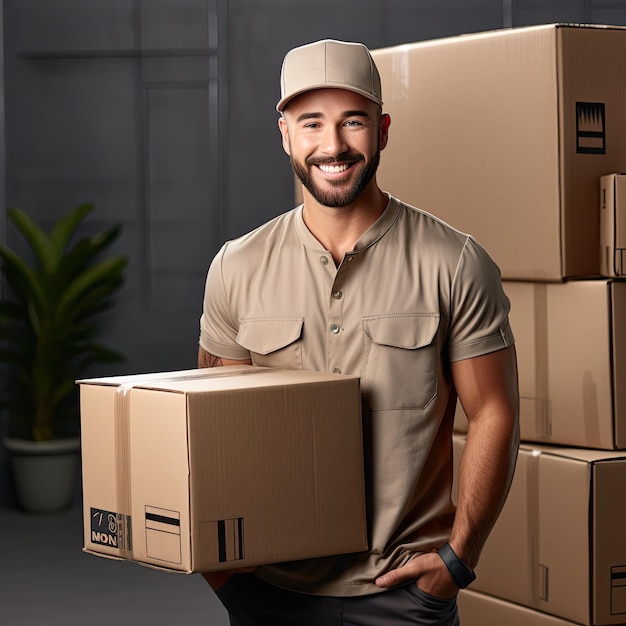 Foto o homem sorri e segura uma caixa de papelão ele está vestindo uma camisa castanha e um chapéu generative ai courier