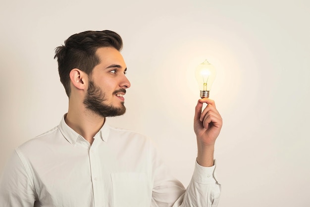 Foto o homem tem um conceito de ideia em fundo branco isolado