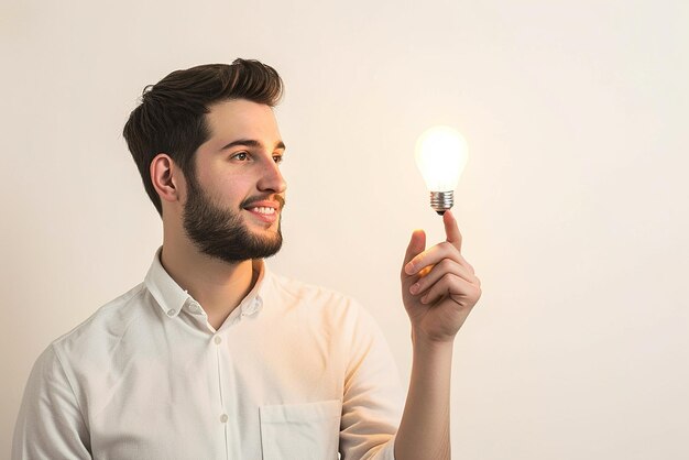 Foto o homem tem um conceito de ideia em fundo branco isolado