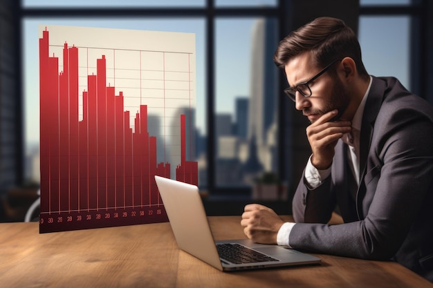 O homem triste segura um gráfico em declínio que simboliza o início da crise e a recessão financeira que afeta a renda. O cara chateado com a seta vermelha para baixo relata diminuição no número de clientes ou diminuição nos salários.