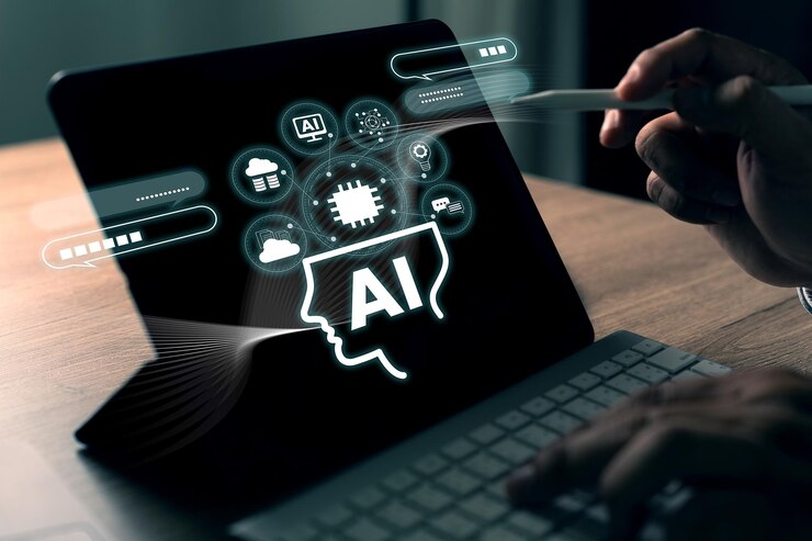Foto o homem usa aprendizado de máquina de ia e bate-papo de tecnologia de inteligência artificial no conceito de big data do assistente digital do computador bate-papo com ia