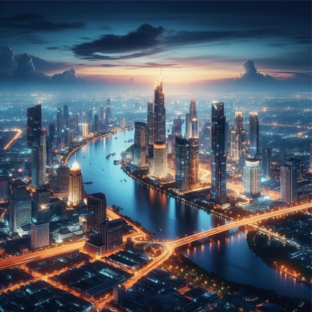 Foto o horizonte da cidade à noite com um grande iluminado e um rio brilhante abaixo