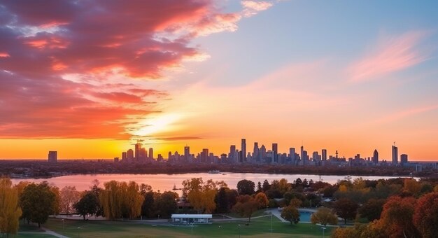 O horizonte da cidade ao pôr do sol e árvores