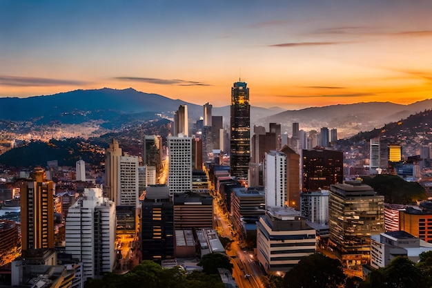 o horizonte da cidade ao pôr do sol.