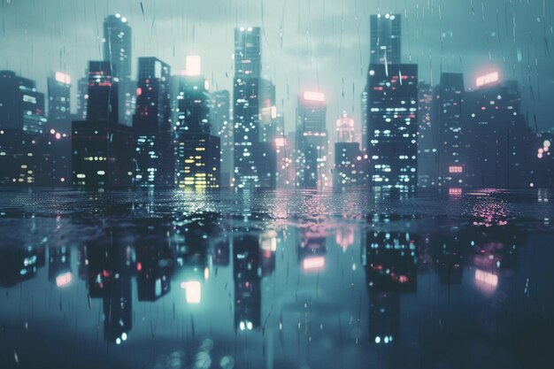O horizonte da cidade cyberpunk refletindo sobre a chuva encharcada
