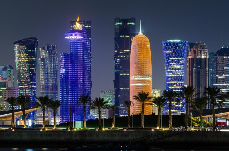 Foto o horizonte da cidade de doha e o arranha-céu da beleza do qatar