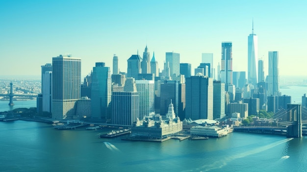 O horizonte da cidade de Nova York com arranha-céus e a Estátua da Liberdade