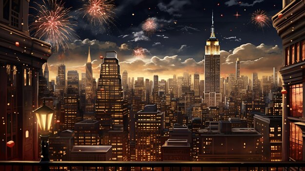 O horizonte da cidade de Nova York com fogos de artifício à noite
